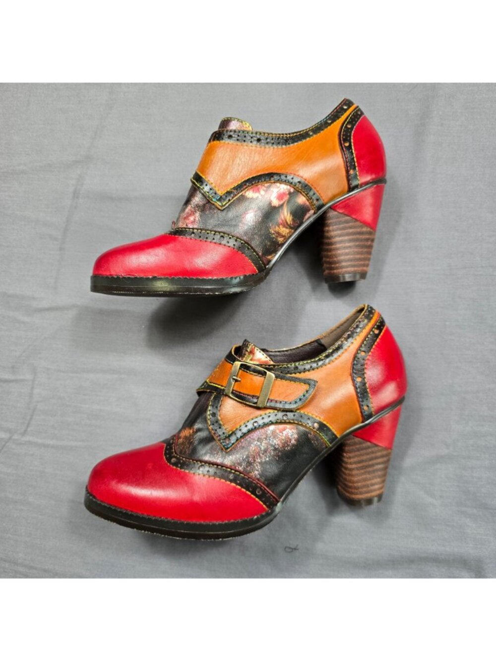 NEW Crazycat Size 36 Heeled Leather Oxford Pumps Shoes Floral Vintage Block Heel - Picture 3 of 6
